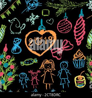 New Year 2019. New Year's seamless pattern. Children's drawings wax crayons. Christmas tree, fur-tree toys, candy, gifts, children, 2019, family Stock Vector