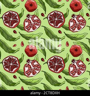 Pomegranate fruit on green backdrop. Healthy food seamless pattern for wallpaper, wrap paper, sleeper, bath tile, apparel or bed linen. Phone case or Stock Vector