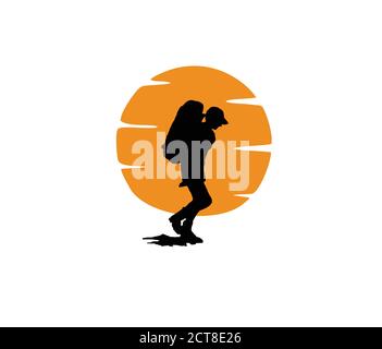 A vector illustration of Backpack traveler and Moon Logo Sign in orange and black color Stock Vector