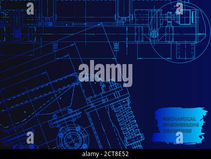 Machine-building industry. Blue neon. Technical illustrations, backgrounds. Mechanical Stock Vector