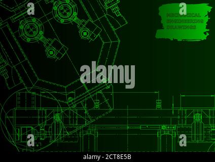 Mechanical instrument making. Technical illustration. Vector engineering drawings. Technical Green neon Stock Vector