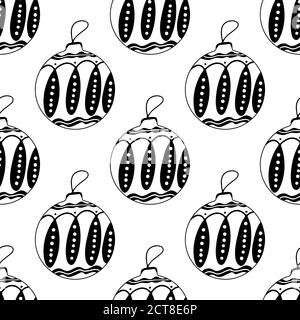 Seamless pattern made frome hand drawn Christmas tree balls with doodle elements. Isolated on a white background. Vector stock illustration. Stock Vector