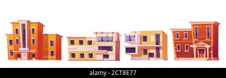 City houses, buildings for apartments, office or store isolated on white background. Vector cartoon set of facade of residential house, business and commercial architecture in modern and classic style Stock Vector