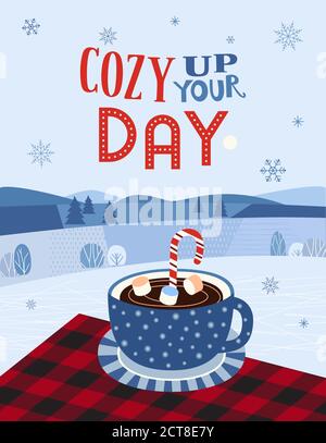 Hot cocoa mug on buffalo plaid flat vector poster Stock Vector