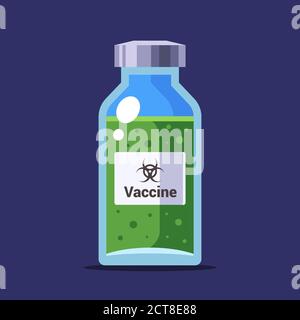 bottle with green vaccine against covid-19. vaccination for humans. flat vector illustration. Stock Vector