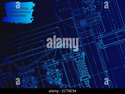 Sketch. Vector. Technical illustrations, backgrounds. Blueprint, outline, plan. Blue neon Stock Vector