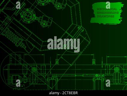 Mechanical instrument making. Technical illustration. Vector Green neon. Technical background Stock Vector