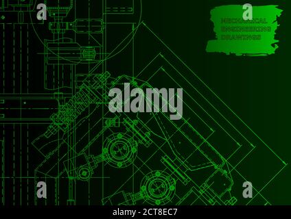 Machine-building industry. Green neon. Technical illustrations. Mechanical Stock Vector