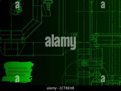 Mechanical engineering drawing. Machine-building industry. Instrument-making. Green neon Stock Vector