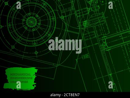 Cover. Vector engineering illustration. Blueprint, flyer, banner, Green neon. Instrument-making drawing Stock Vector