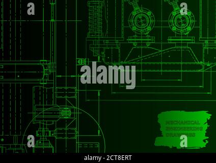 Technical abstract backgrounds. Mechanical instrument making. Technical illustration. Blueprint, cover, banner. Green neon Stock Vector