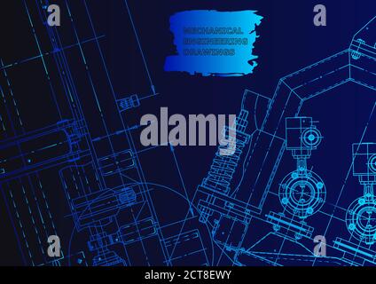 Vector engineering drawings. Mechanical instrument making. Technical abstract backgrounds. Technical illustration Blue neon Stock Vector
