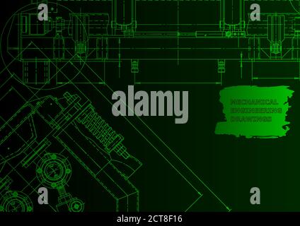 Technical abstract backgrounds. Vector engineering drawings. Mechanical instrument making. Technical. Green neon Stock Vector