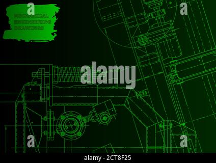 Sketch. Vector engineering illustration. Instrument-making. Green neon Stock Vector