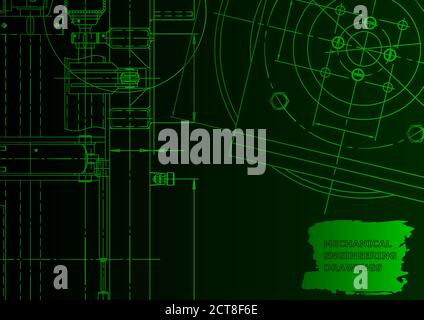 Vector engineering illustration. Mechanical engineering drawing. Technical Green neon Stock Vector