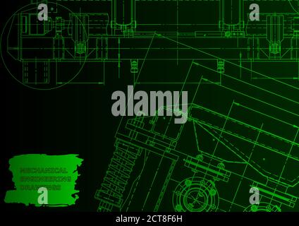 Machine-building industry. Green neon. Technical illustrations, backgrounds. Mechanical engineering Stock Vector