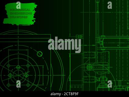 Vector engineering illustration. Technical illustrations, backgrounds. Blueprint Green neon Stock Vector