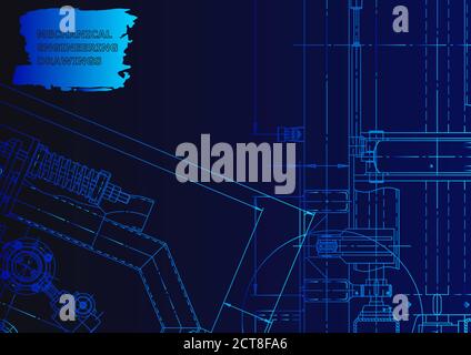 Machine-building industry. Mechanical engineering drawing Blue neon Stock Vector