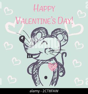Cute illustration, postcard. Greeting card with hearts and cute animals. Happy Valentine's Day. Mouse in love Stock Vector
