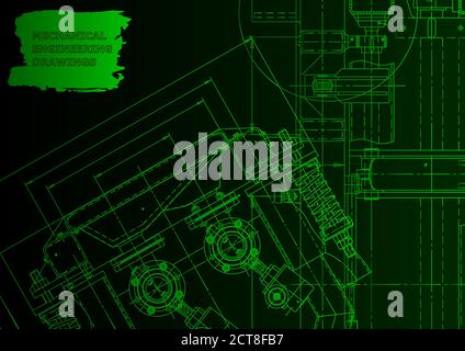 Machine-building industry. Instrument-making drawings. Green neon. Technical illustration Stock Vector