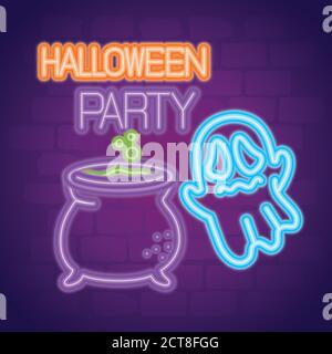 party halloween neon sign with ghost and cauldron witch Stock Vector