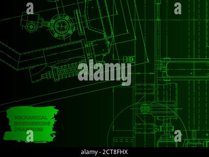 Mechanical engineering drawing. Machine-building industry. Technical illustrations. Green neon Stock Vector