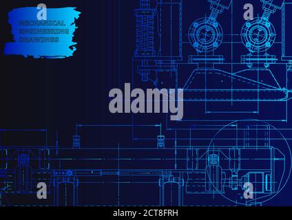 Technical abstract backgrounds. Vector engineering drawing. Mechanical instrument making. Blue neon Stock Vector