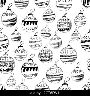 Seamless pattern made frome hand drawn Christmas tree balls with doodle elements. Isolated on a white background. Vector stock illustration. Stock Vector