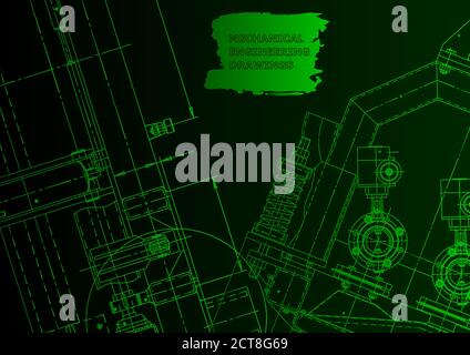 Vector engineering drawings. Mechanical instrument making. Technical abstract backgrounds. Technical illustration Green neon Stock Vector