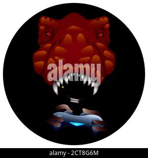 Tyrannosaur head on white isolated backdrop. Dino gaming mask for gift card, social network logo, bath tile, notebook, kids badge. Phone case or cloth Stock Vector