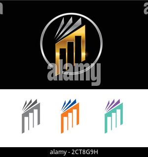 A vector illustration of Book and infographic Bar logo sign  in gold and silver color, with gray , orange, blue and purple logo sign Stock Vector