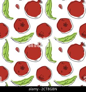 Pomegranates with leaves on white backdrop. Juicy fruit seamless pattern for wrap paper, sleeper, bath tile, apparel or bed linen. Phone case or cloth Stock Vector