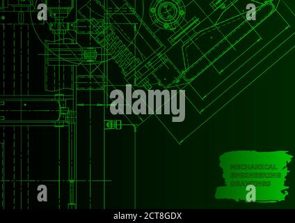 Machine-building industry. Mechanical engineering drawing. Green neon. Technical illustrations Stock Vector