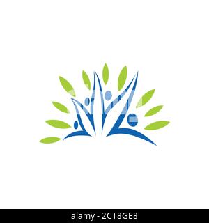 A vector illustration of swoosh people logo sign with grass and leaf symbol in blue and green color combo Stock Vector