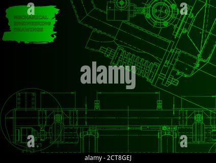 Mechanical instrument making. Technical illustration. Green neon Stock Vector