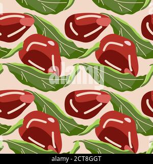 Pomegranate seeds on beige backdrop. Healthy food seamless pattern for wallpaper, wrap paper, sleeper, bath tile, apparel or bed linen. Phone case or Stock Vector
