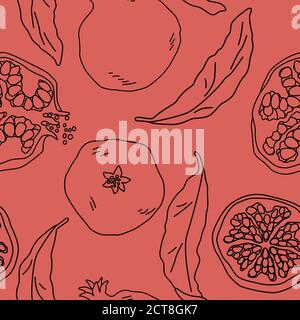 Black line pomegranate on pink backdrop. Healthy food seamless pattern for wrap paper, sleeper, bath tile, apparel or bed linen. Phone case or cloth p Stock Vector