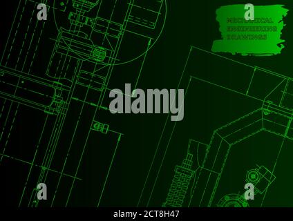 Sketch. Vector engineering illustration. Instrument-makin. Green neon Stock Vector