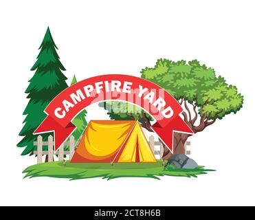 A vector illustration of yard with campfire tend with tree and pine tree outside the fence Stock Vector