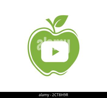A vector Illustration with play button symbol with apple in green color Stock Vector