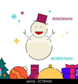 Happy Snowman filled line vector icon, simple illustration, New Year, Christmas related bottom border. Stock Vector