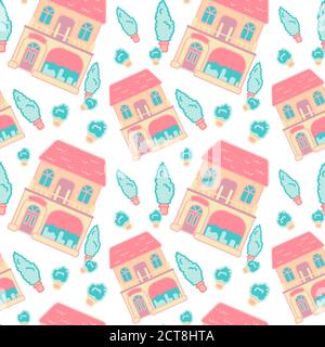 Cosy cottage on white backdrop. Arborvitae seamless pattern for wallpaper, wrap paper, bath tile, pillowcase, apparel or bed linen. Phone case or clot Stock Vector