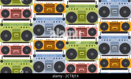 Seamless texture with colored flat old tape recorder, and boombox in a row. Vector background for your creativity. Stock Vector