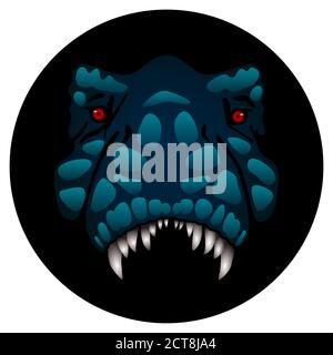 Tyrannosaur head on white isolated backdrop. Dinosaur icon for gift card, social network logo, bath tile, notebook, kids badge. Phone case or cloth pr Stock Vector