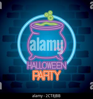 party halloween neon sign with cauldron witch Stock Vector