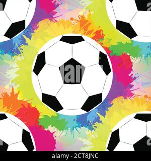 Seamless pattern with white soccer balls with watercolor rainbow spray. Vector texture for wallpaper, wrapper, backgrounds and your creativity Stock Vector