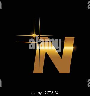 A vector illustration of Golden clean and shine initial logo for letter N in gold color with black background Stock Vector