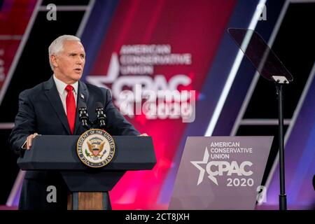 NATIONAL HARBOR, MD, USA - 27 February 2020 - US Vice President Mike Pence delivers remarks to the Conservative Political Action Conference Thursday, Stock Photo