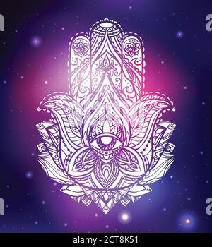 Vector neon illustration of Hamsa with boho pattern, background space with stars and nebula. Spiritual, magical illustration for your creativity Stock Vector