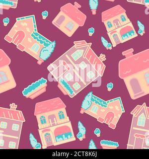 Elegant cottages on violet backdrop. Town house seamless pattern for wallpaper, wrap paper, sleepwear, bath tile or bed linen. Phone case or cloth pri Stock Vector